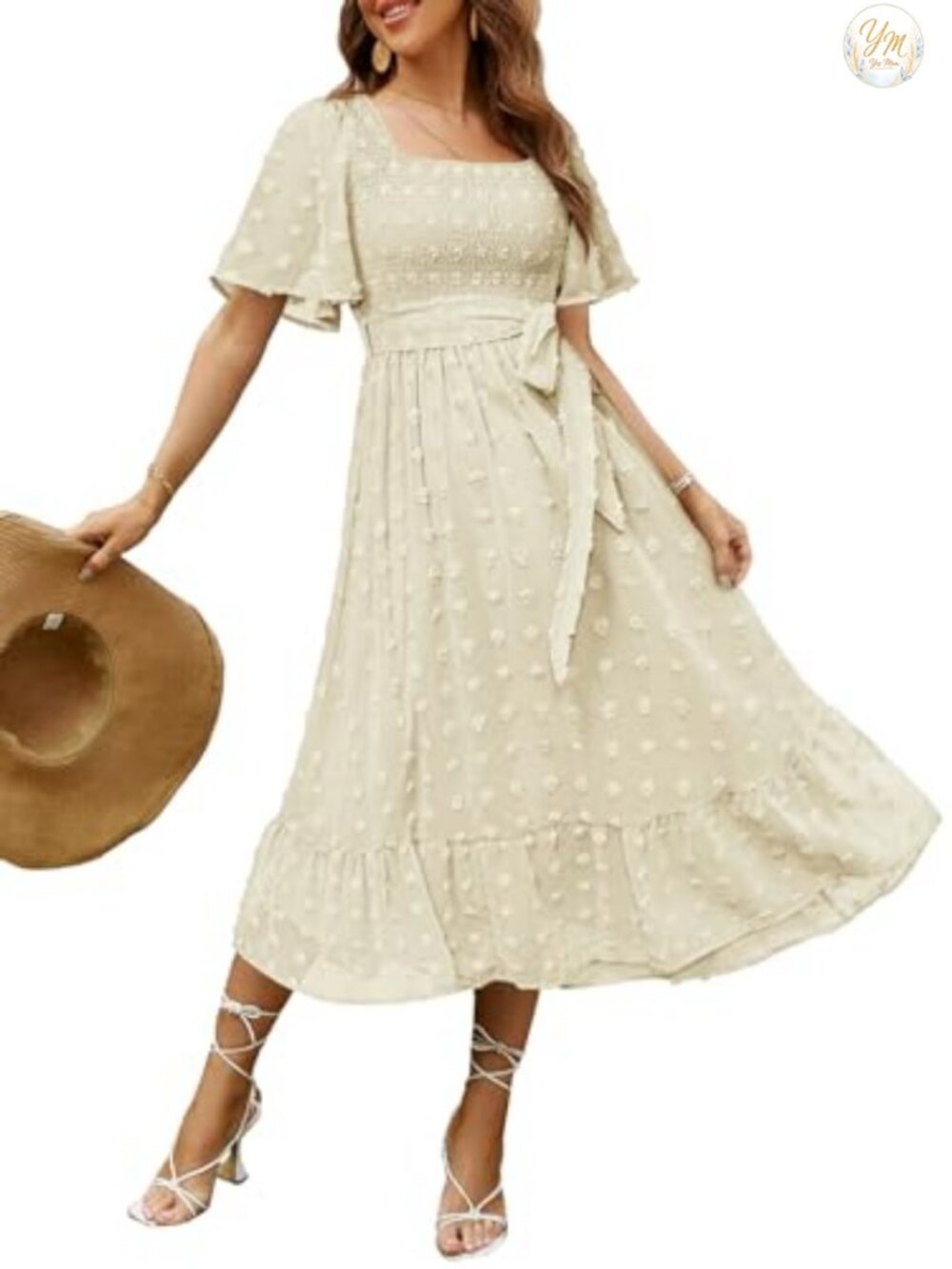 Women's Boho Flowy Midi Dress Square Neck 100% Polyester